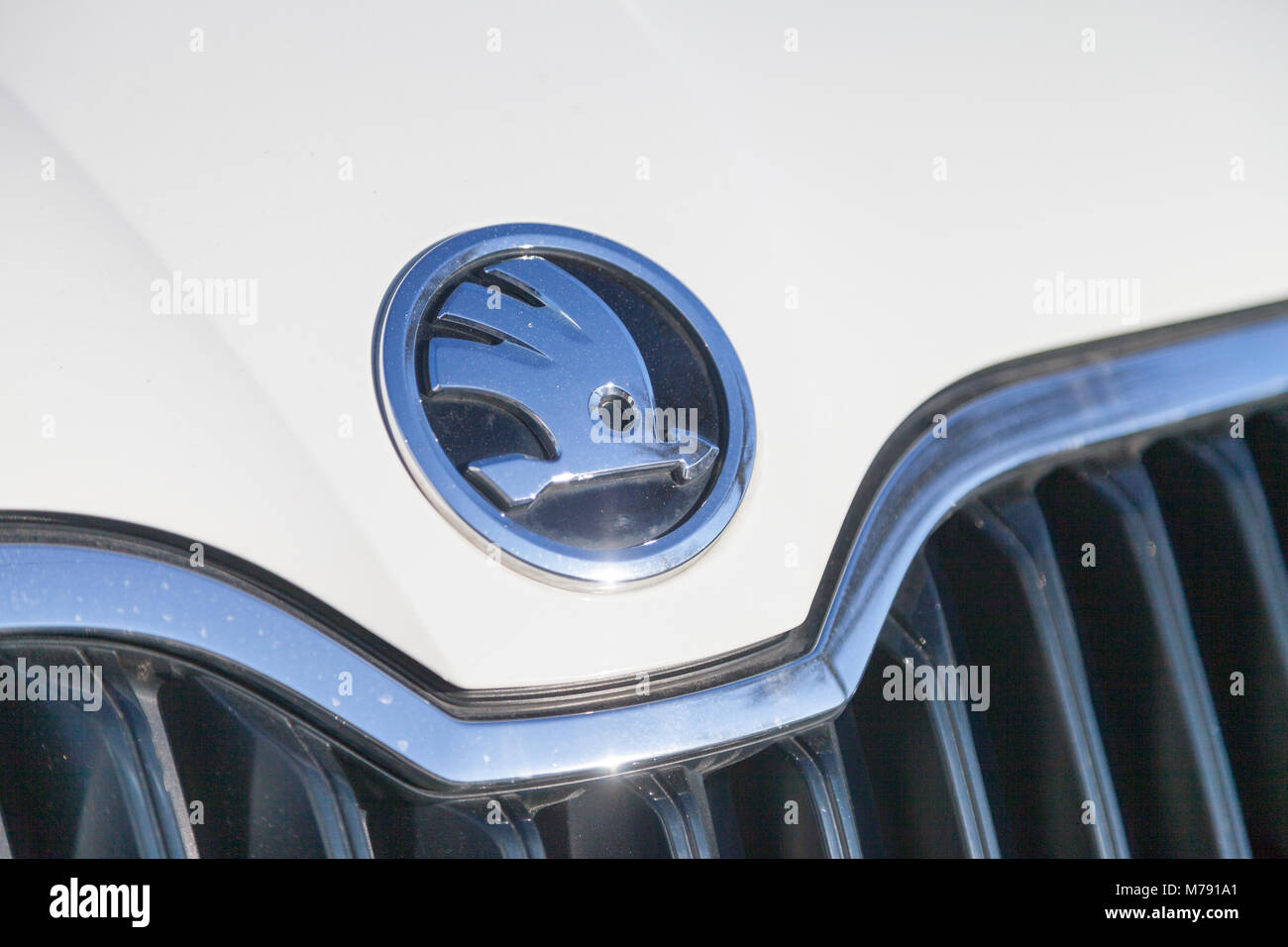 NUERNBERG / GERMANY - MARCH 4, 2018: Skoda logo on a Skoda car at a car dealer in Germany. Skoda is a Czech automobile manufacturer founded in 1895 as Stock Photo