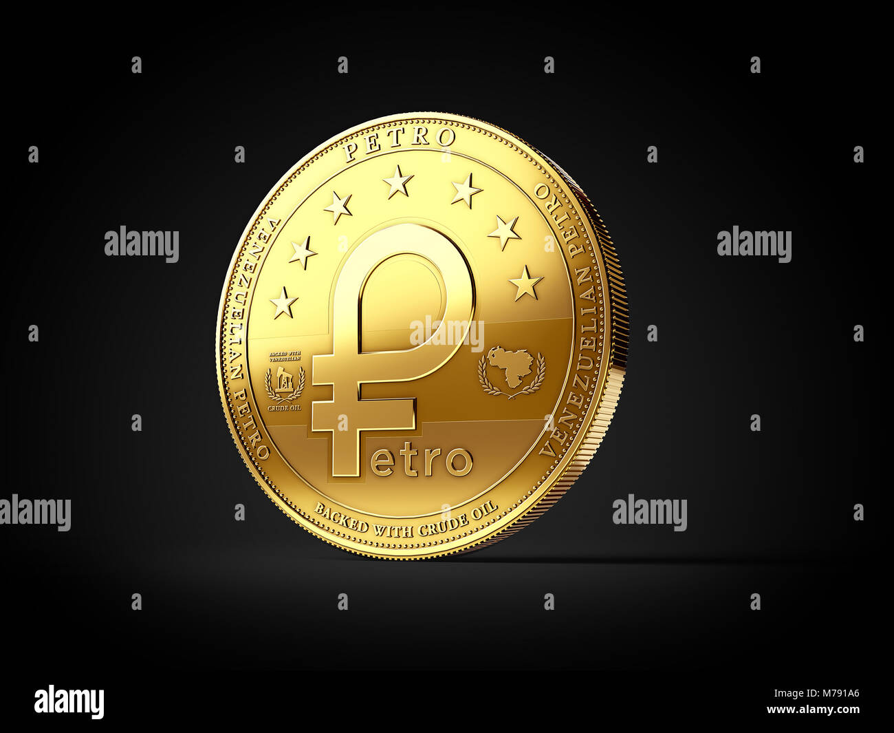 Golden Venezuelan Petro cryptocurrency coin isolated on black background.  3D rendering Stock Photo - Alamy