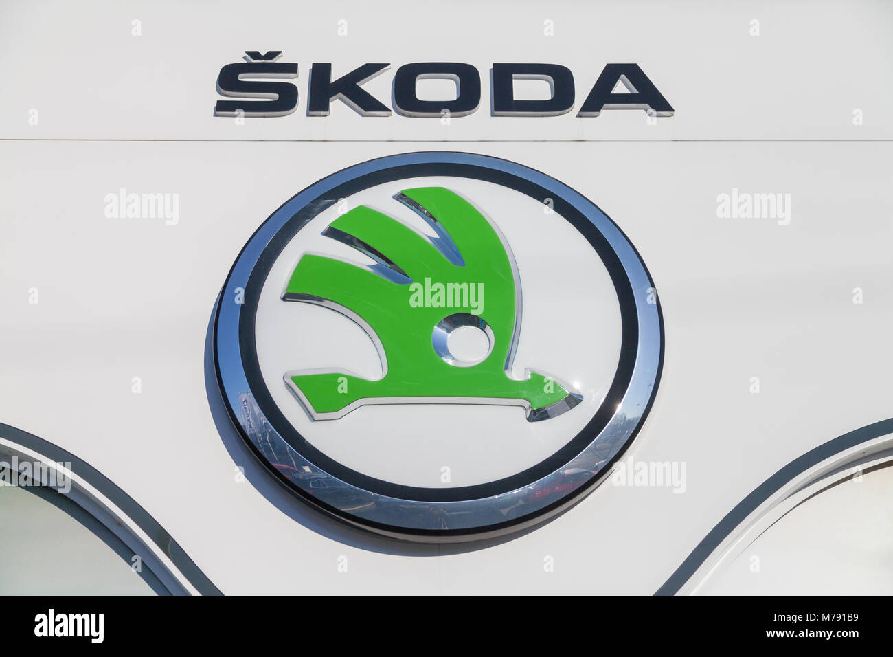 NUERNBERG / GERMANY - MARCH 4, 2018: Skoda logo on a car dealer in Germany. Skoda is a Czech automobile manufacturer founded in 1895 as Laurin and Kle Stock Photo