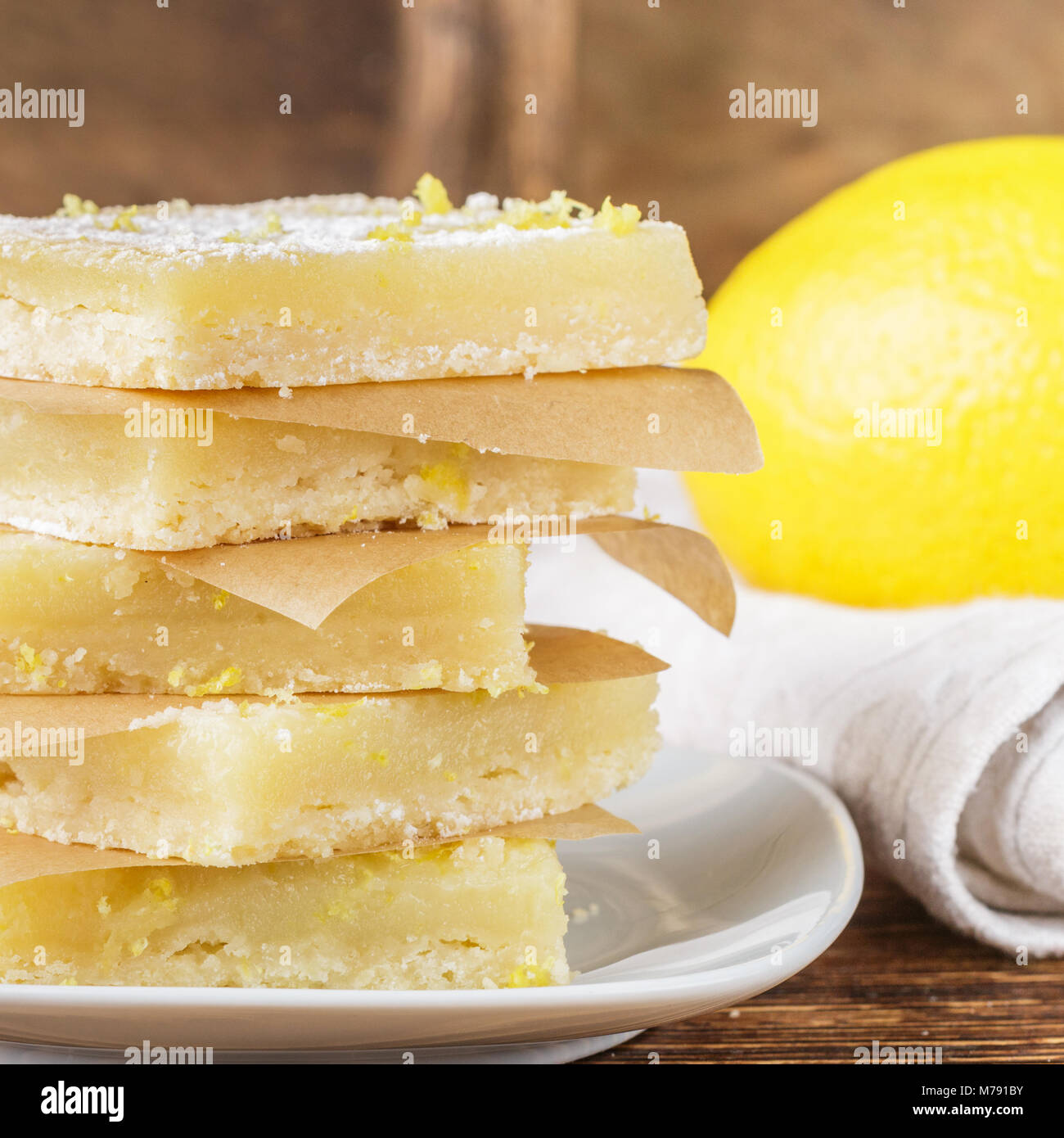 Lemon bars (lemon squares) with powdered sugar. A traditional American