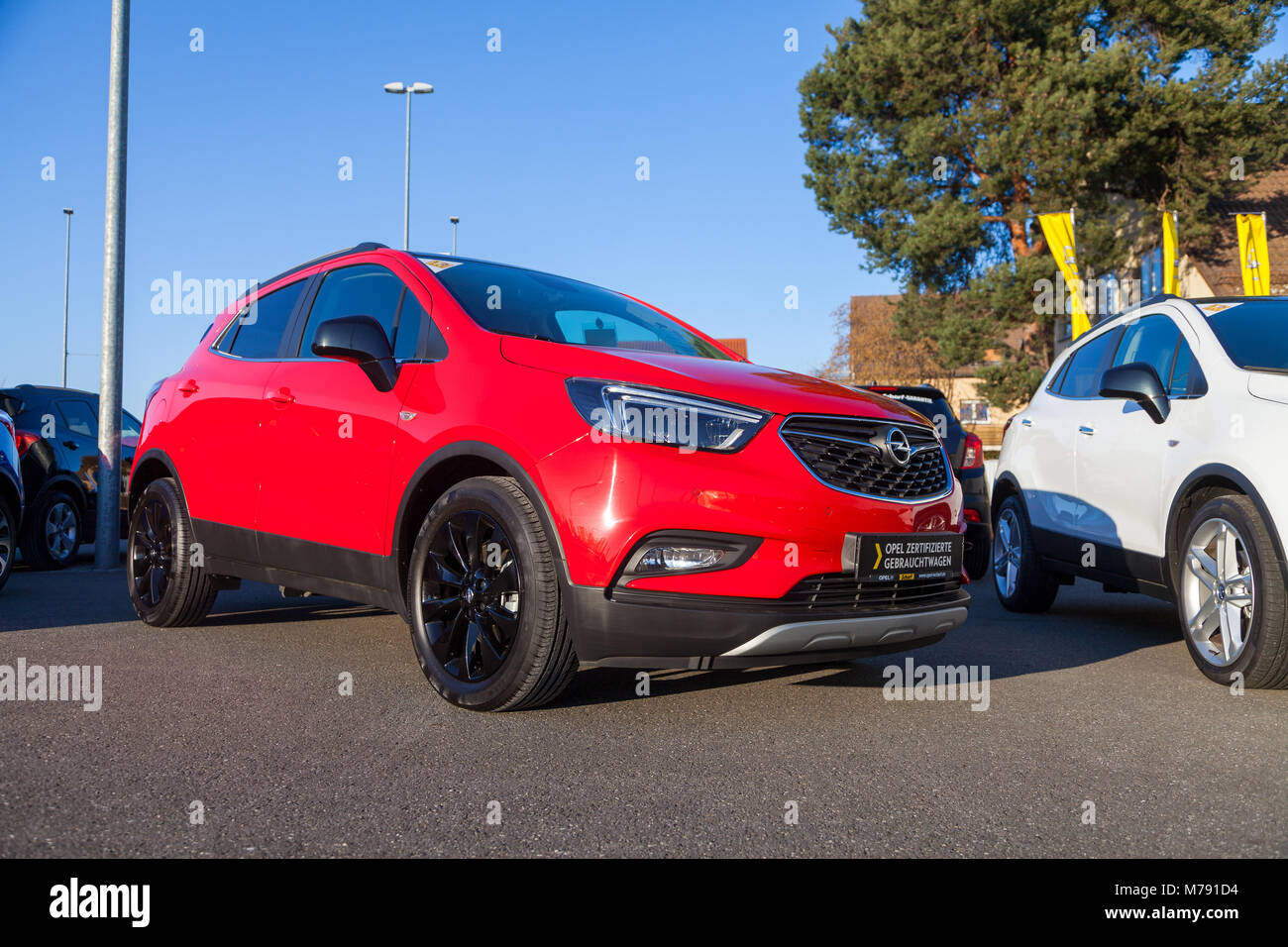 NUERNBERG / GERMANY - MARCH 4, 2018: Opel logo on a car at an Opel car dealer in Germany. Opel Automobile GmbH is a German automobile manufacturer. Stock Photo