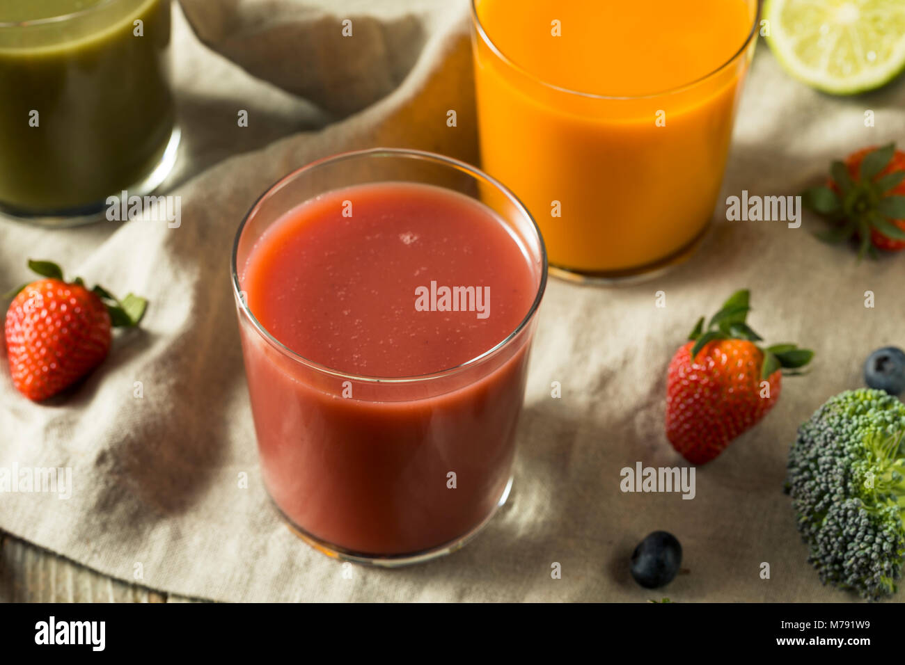 Raw Organic Healthy Detox Juices made from Fruit and Vegetables Stock Photo