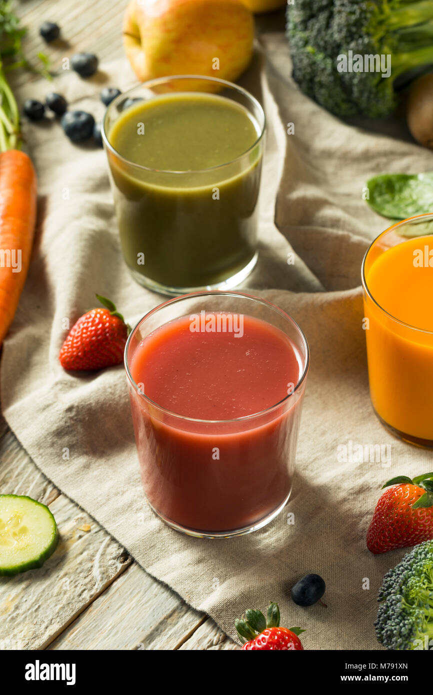 Raw Organic Healthy Detox Juices made from Fruit and Vegetables Stock Photo