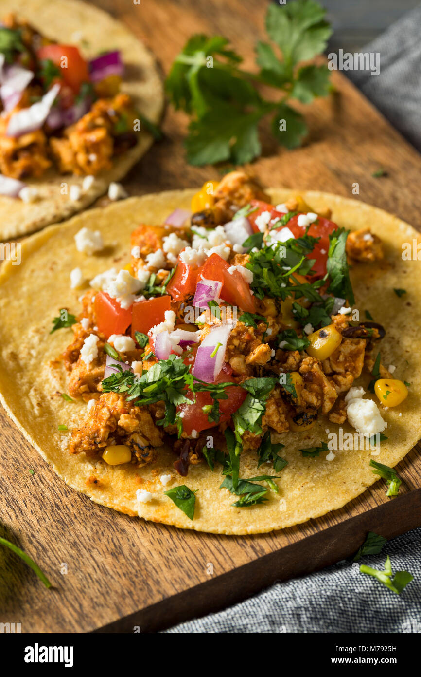 Healthy Homemade Sofritas Tofu Tacos with Tomato Onion and Cilantro