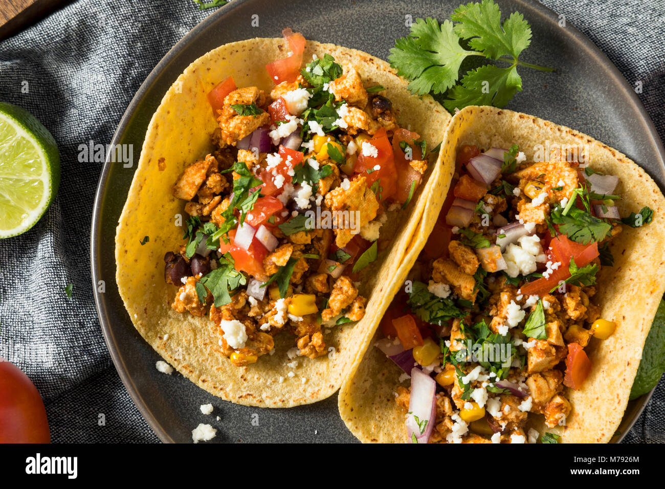 Healthy Homemade Sofritas Tofu Tacos with Tomato Onion and Cilantro