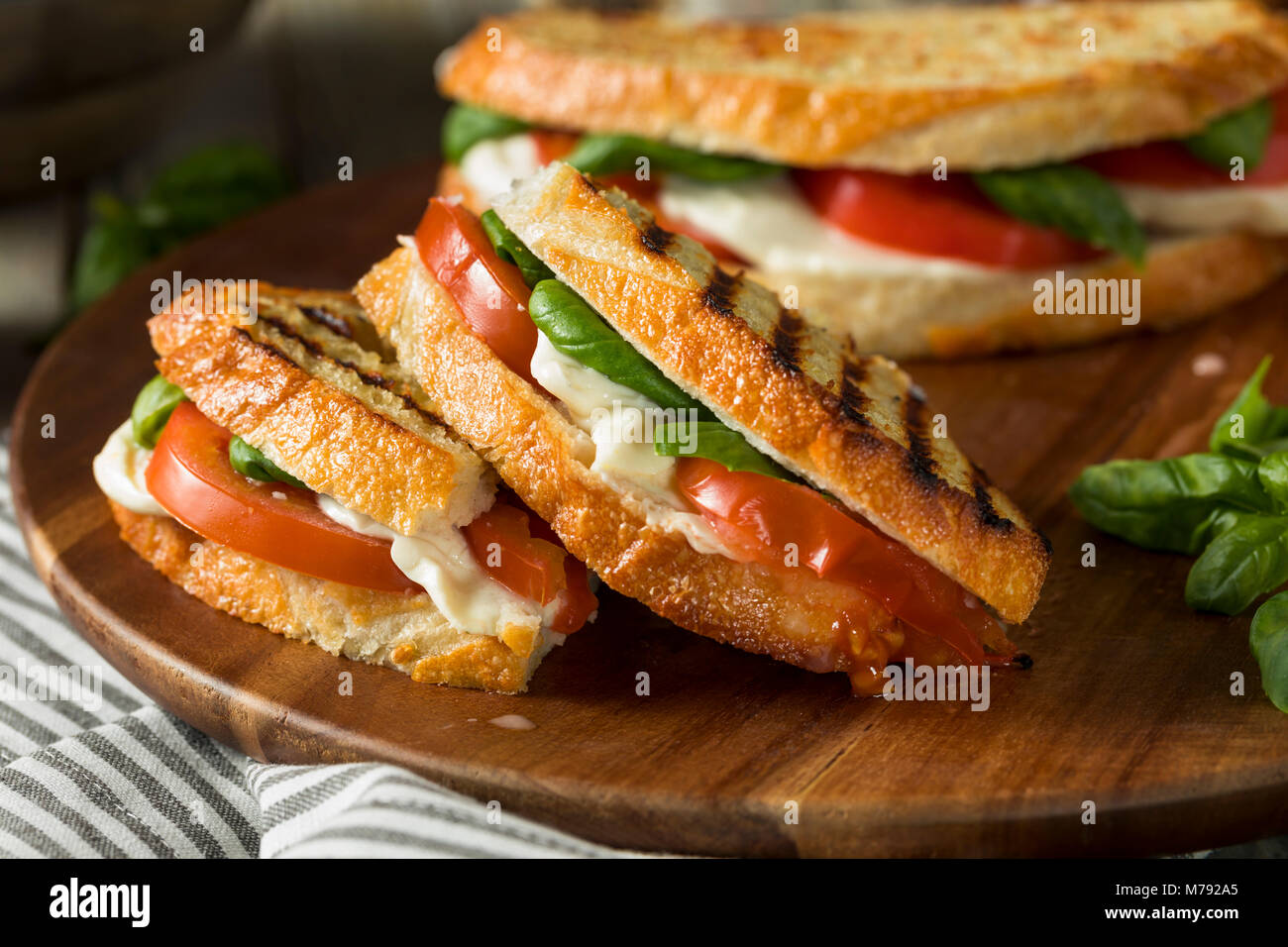 Healthy Grilled Basil Mozzarella Caprese Panini Sandwich Stock Photo
