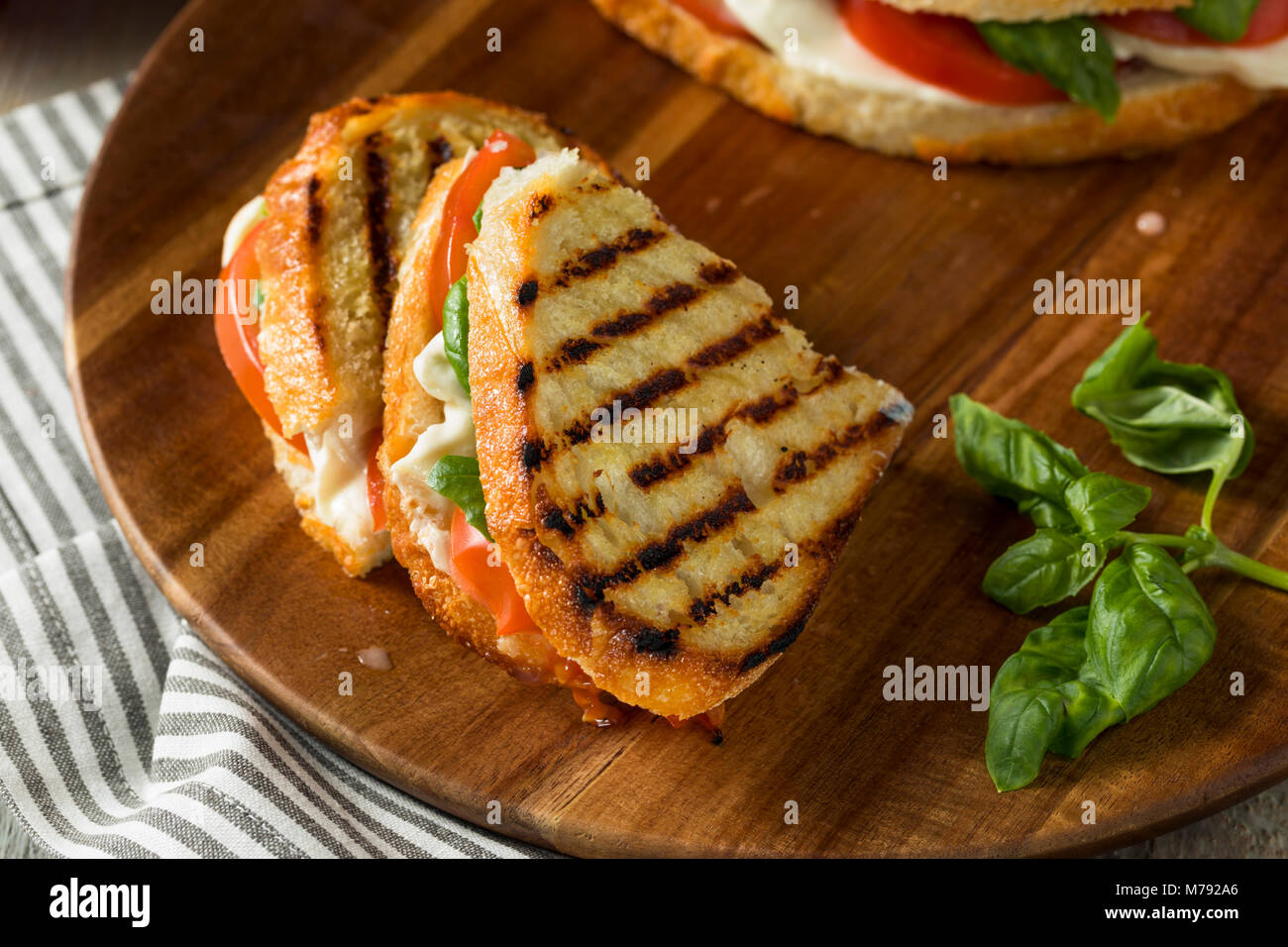Healthy Grilled Basil Mozzarella Caprese Panini Sandwich Stock Photo