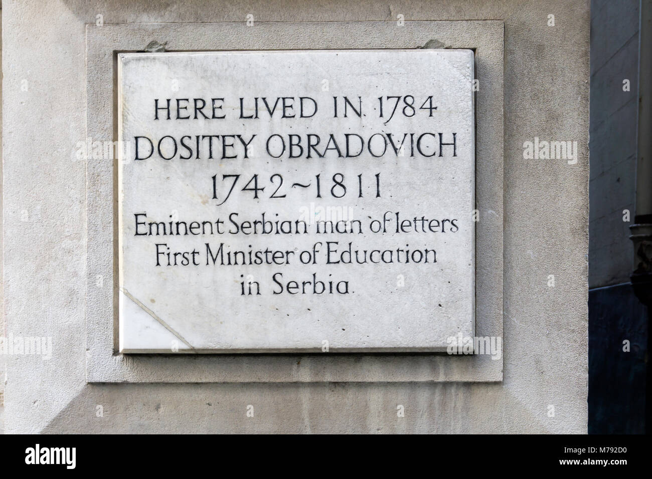 Plaque commemorating Dositey Obradovich, the first Serbian Minister of
