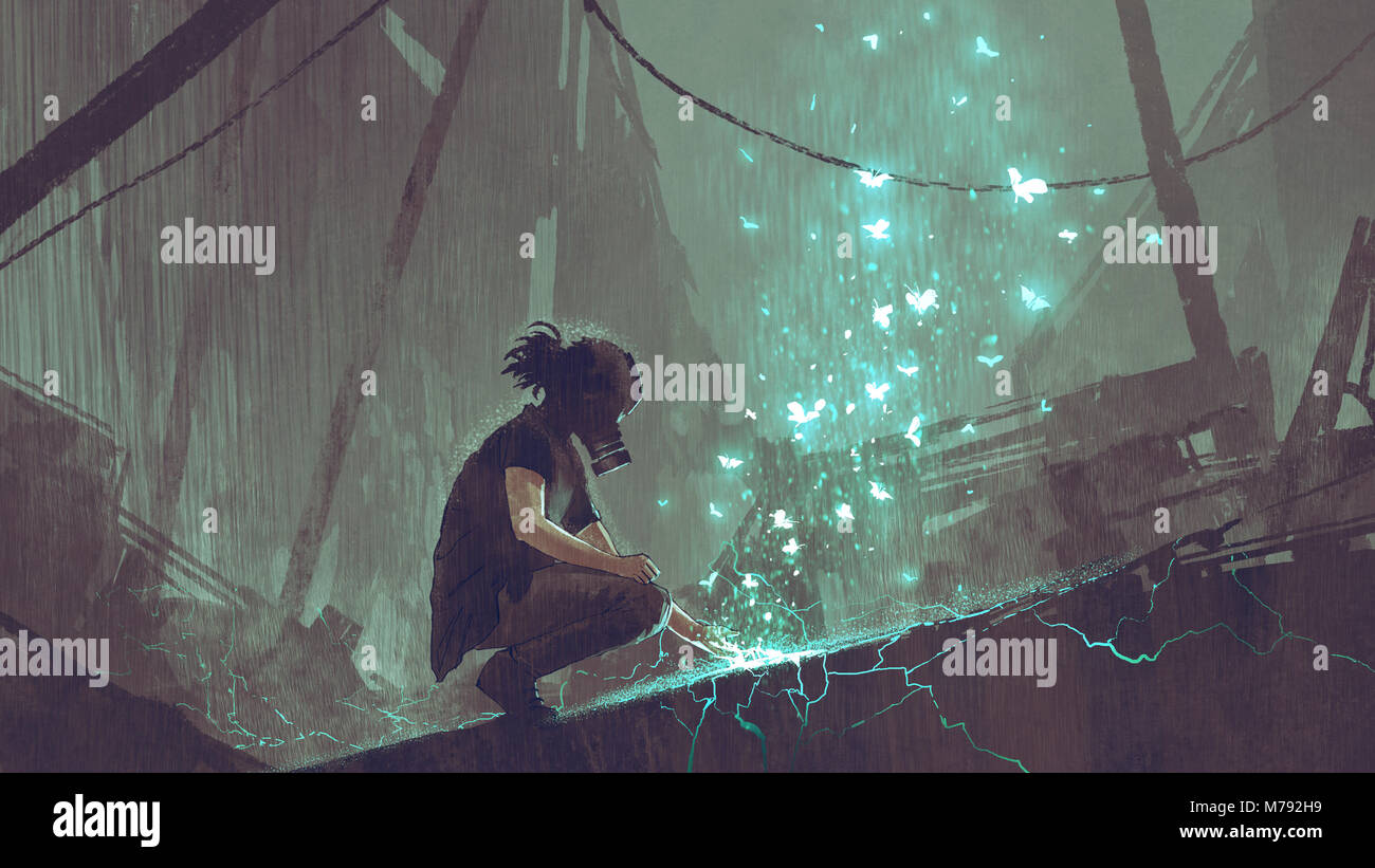 apocalypse concept of the man with a gas mask creating fairy light butterflies with magic, digital art style, illustration painting Stock Photo