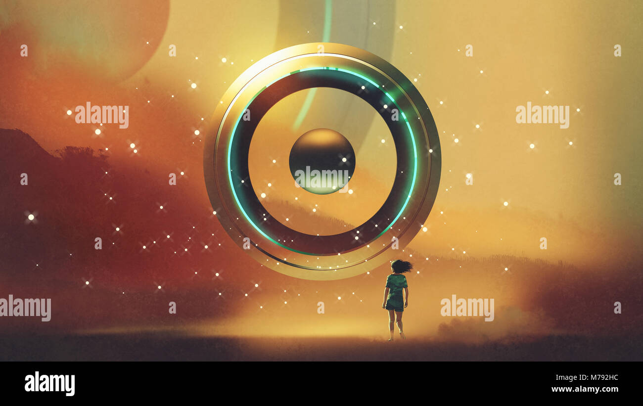 woman walking to the futuristic circle floating in the air, digital art style, illustration painting Stock Photo