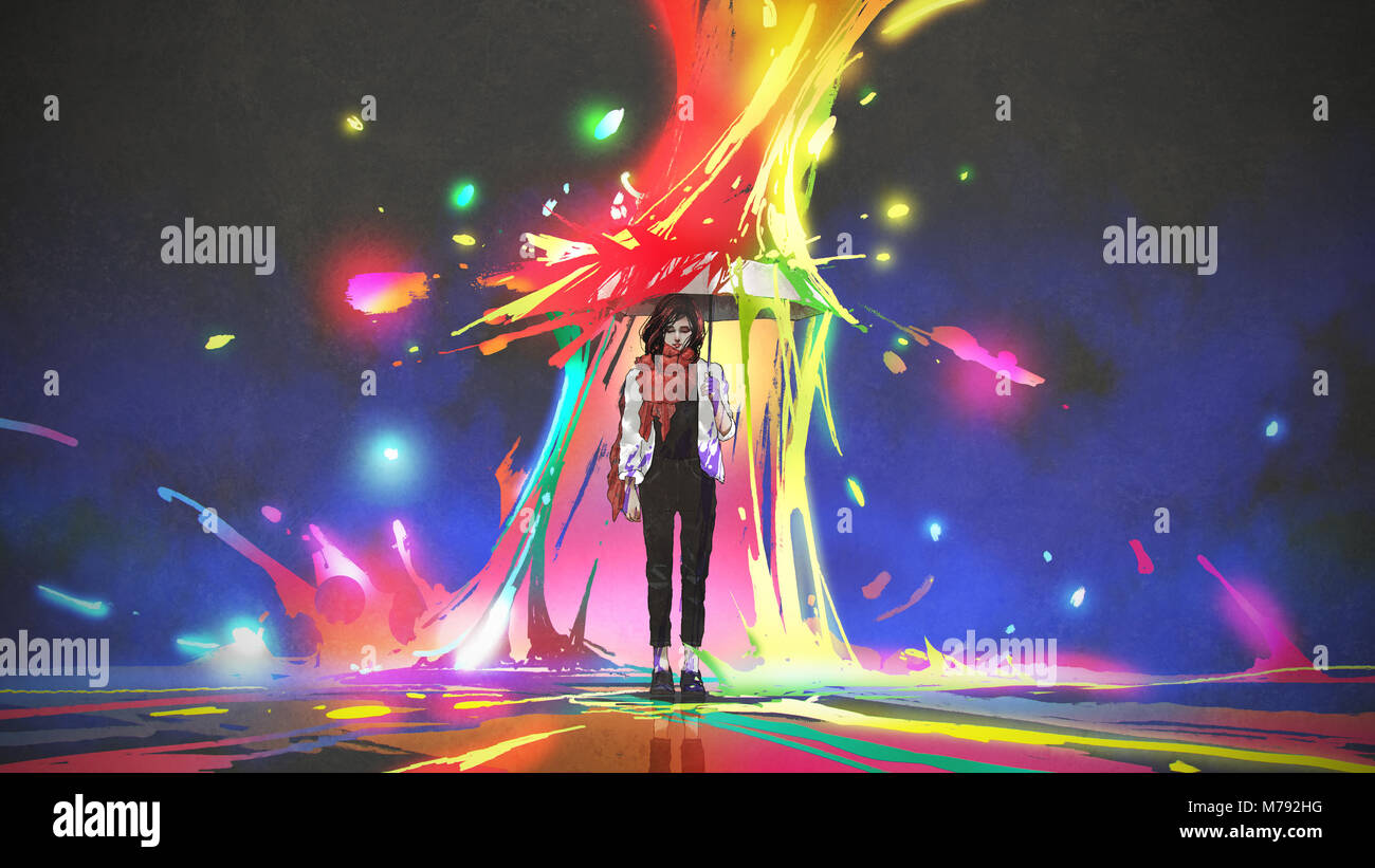 woman holding umbrella protecting herself from colored splashes, digital art style, illustration painting Stock Photo