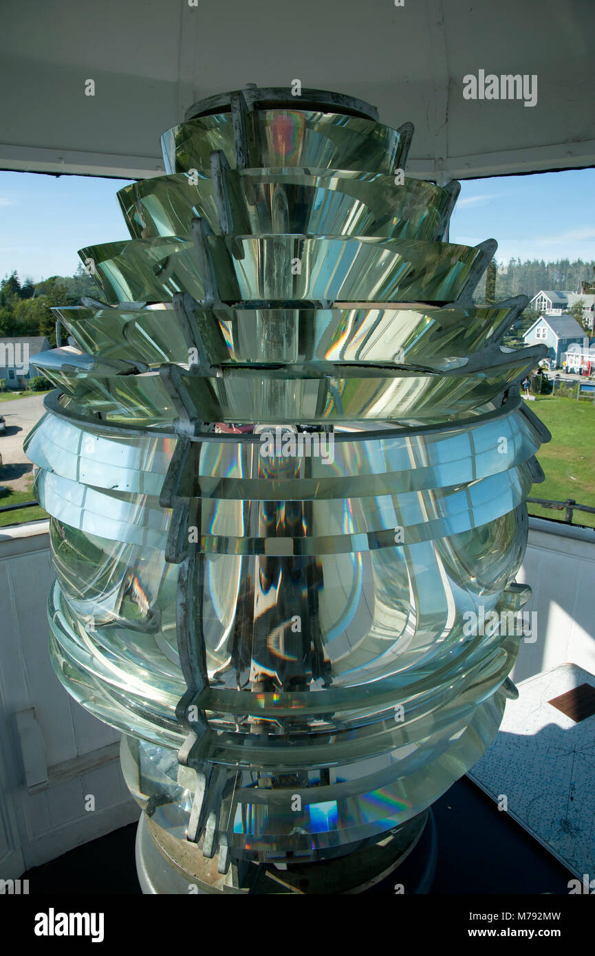 Authentic fourth order fresnel lens used at Pemequid Point lighthouse tower in Maine Stock Photo