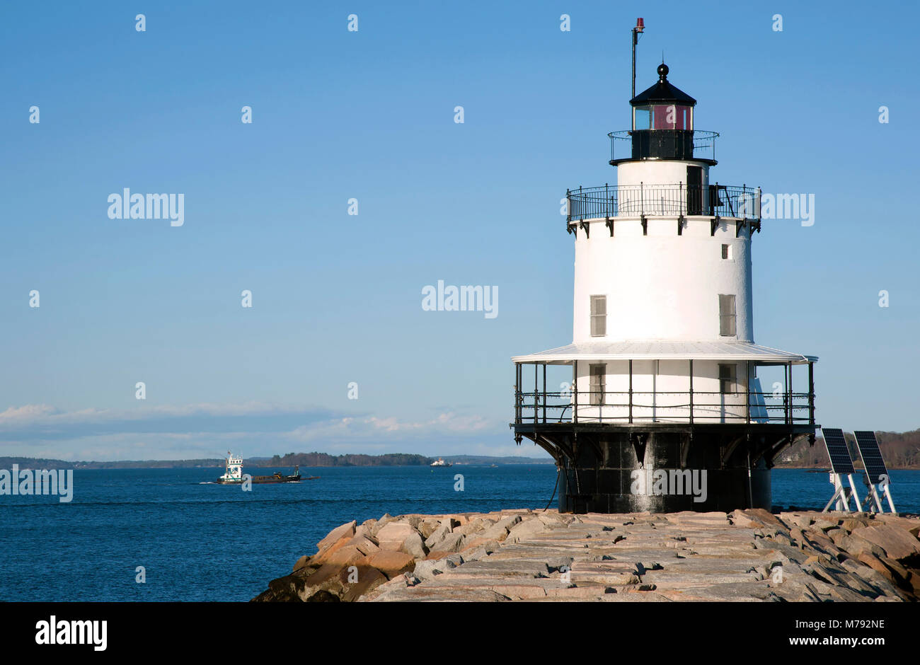 Spring Point Lighthouse guides mariners into Portland Harbor Stock ...