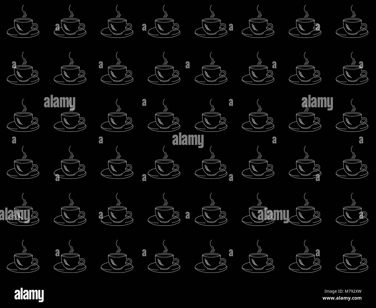 Seamless pattern of white coffee Cup silhouettes on black background ...
