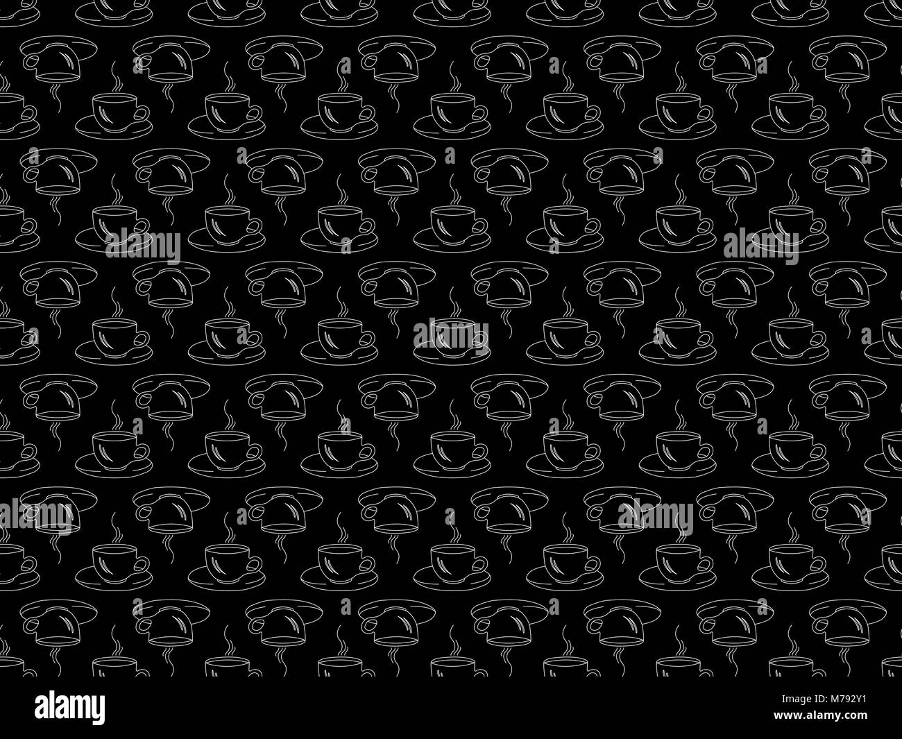 Seamless pattern of white coffee Cup silhouettes on black background ...