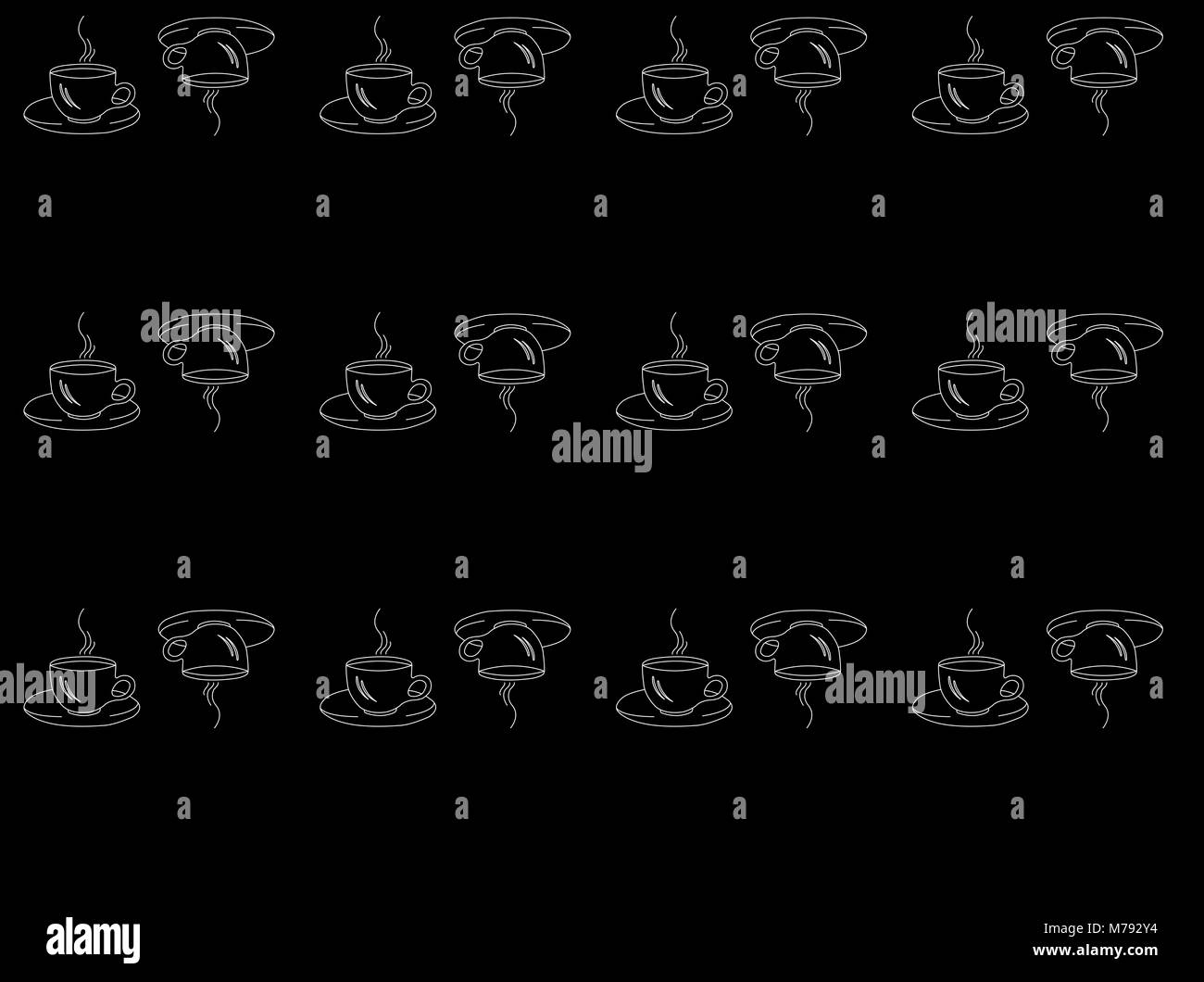 Seamless pattern of white coffee Cup silhouettes on black background ...