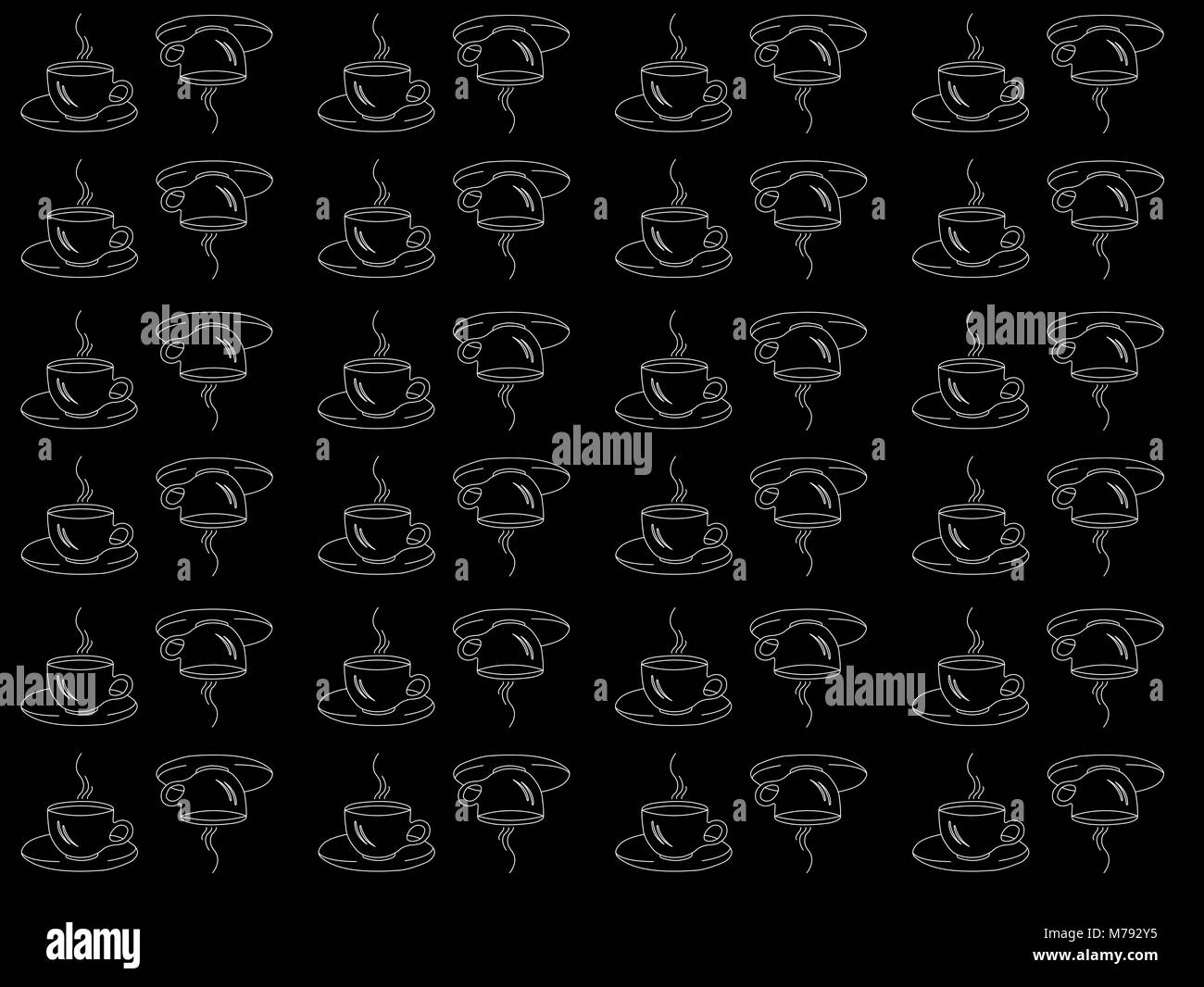 Seamless pattern of white coffee Cup silhouettes on black background ...