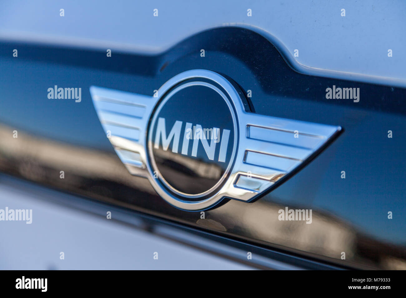 NUERNBERG / GERMANY MARCH 4, 2018 Mini logo on a Mini car at a car
