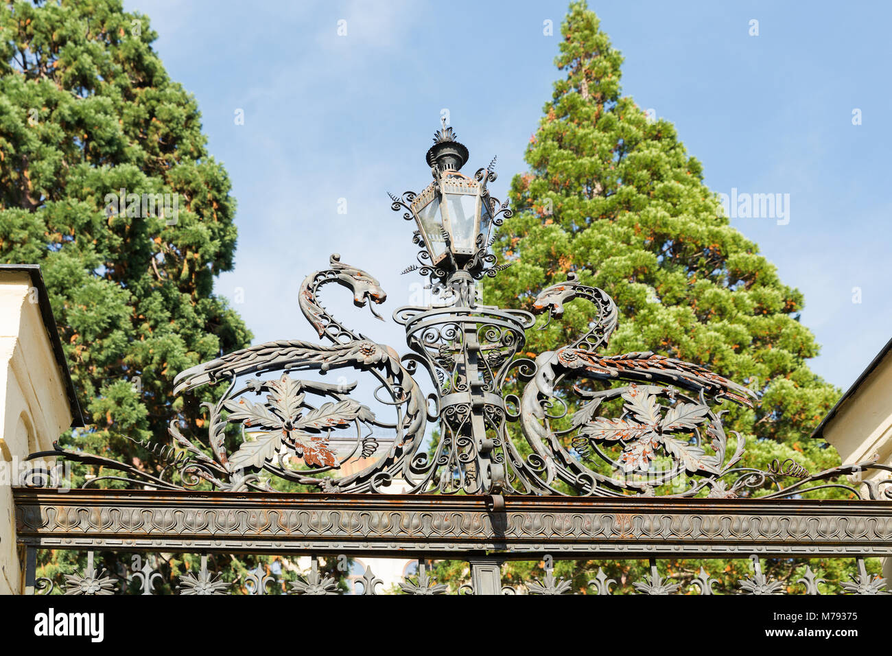 Metal fence of Botanical Garden closeup in Banska Stiavnica, Slovakia Stock Photo