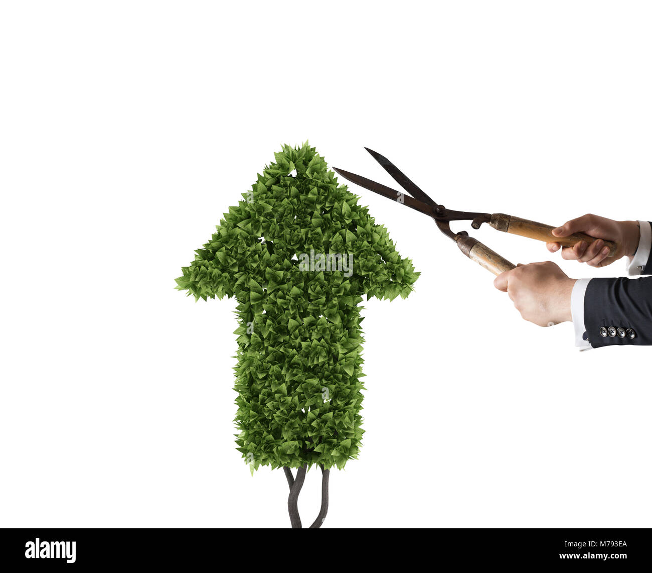Businessman that cuts and adjusts a plant shaped like an arrow stats. Concept of startup company . 3D Rendering Stock Photo