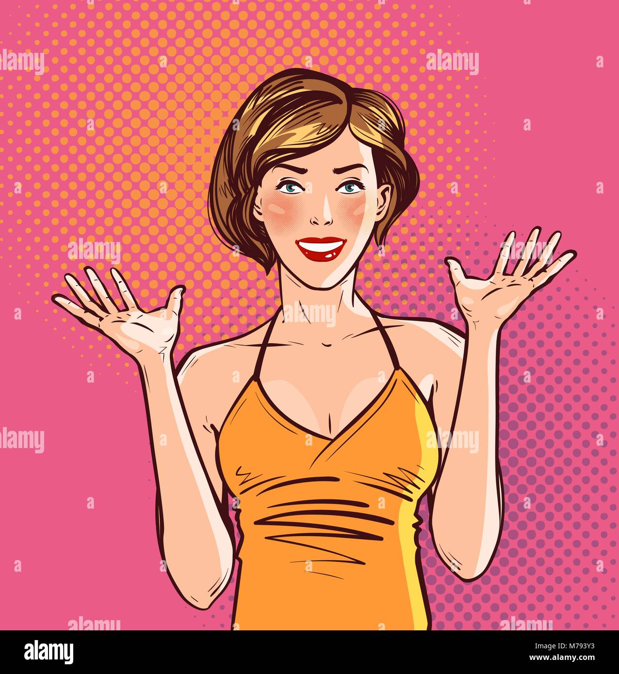 Happy beautiful girl or young woman. Pop art retro comic style. Cartoon vector illustration Stock Vector