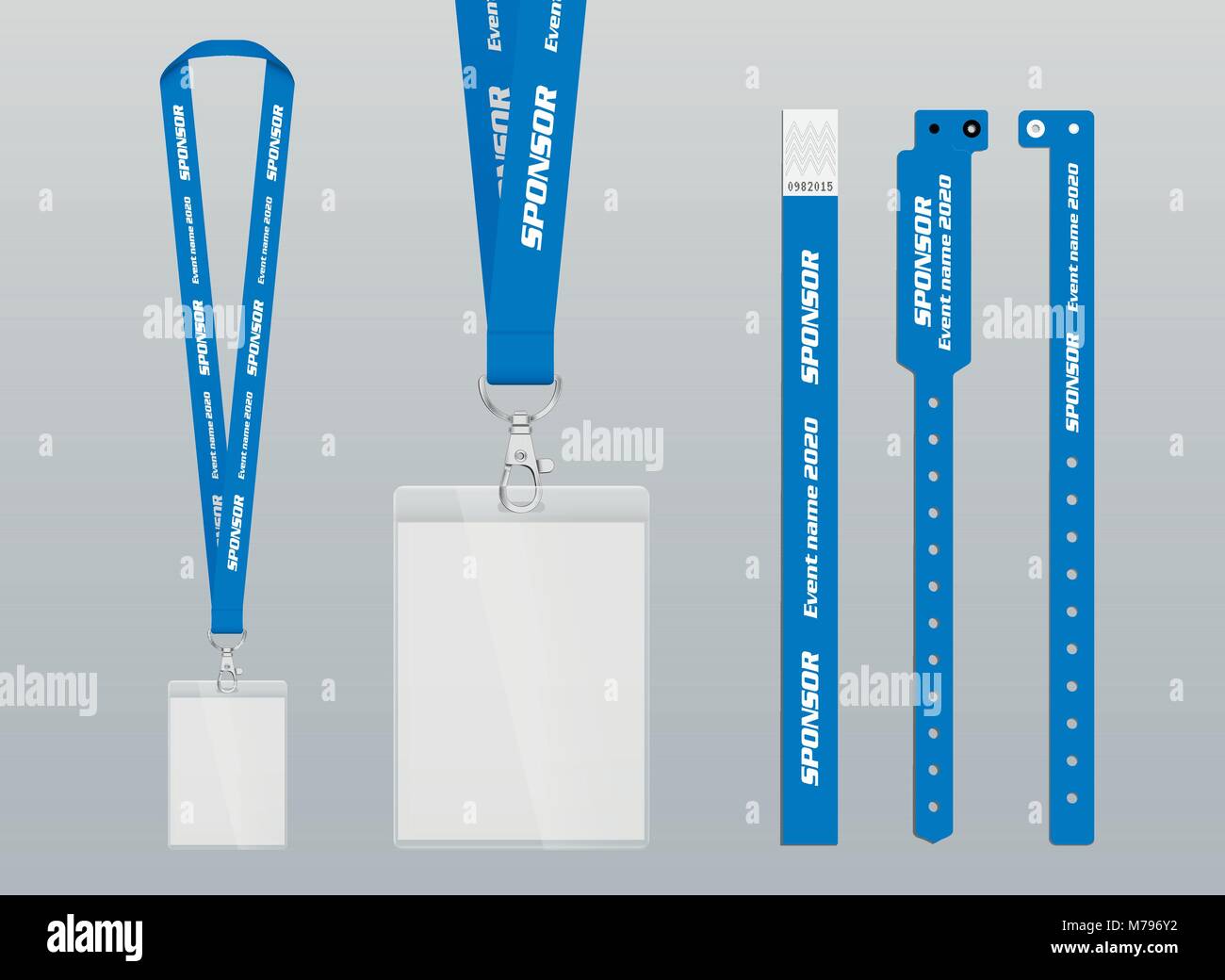 Vector illustration of lanyard and bracelets for identification and access to events. Security and control elements. Lanyards and bracelets with place Stock Vector