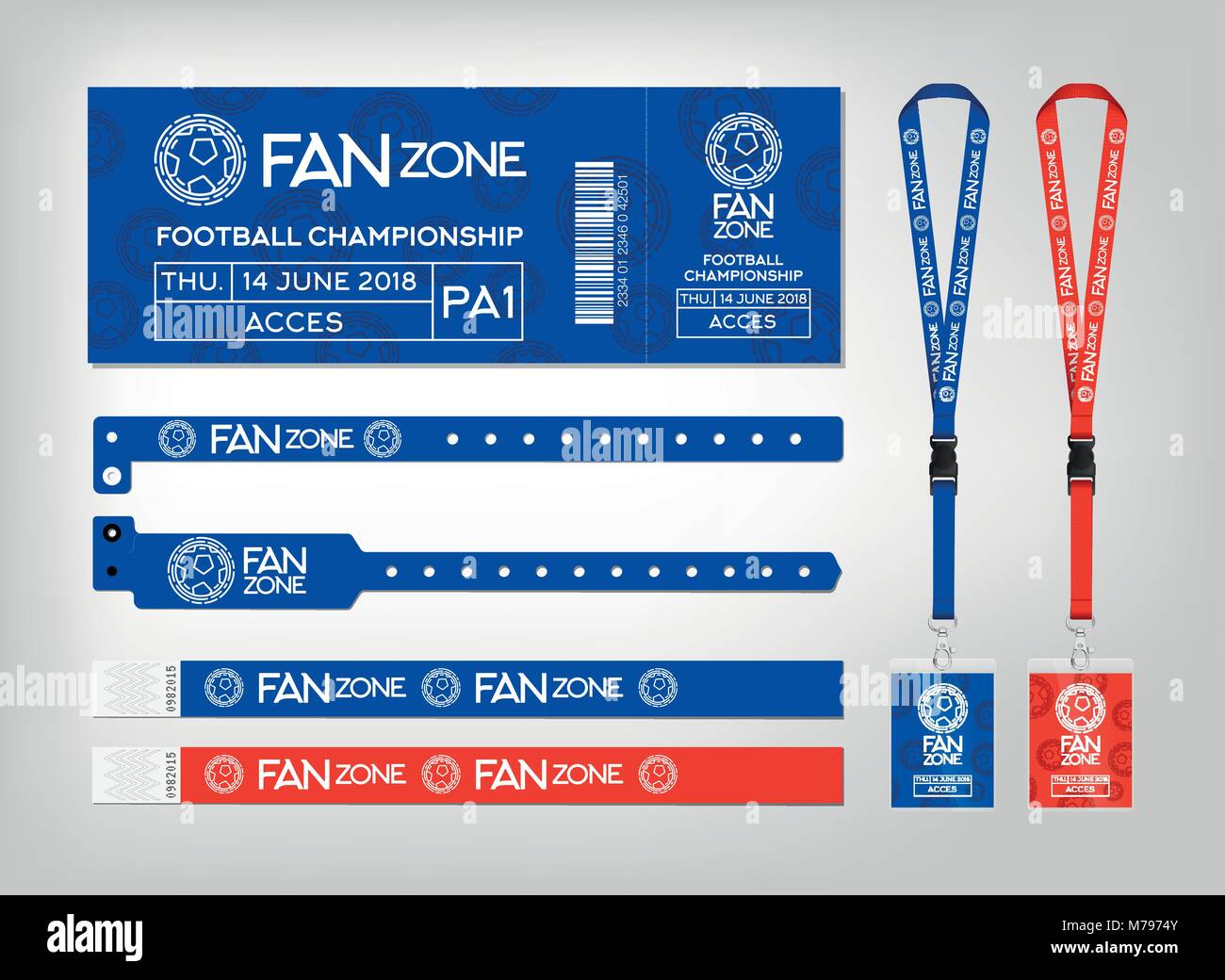 Download Mockup Of Different Access Control Designs Bracelets Ticket And Lanyards Design For Fan Zone Football Event Vector Template Stock Vector Image Art Alamy