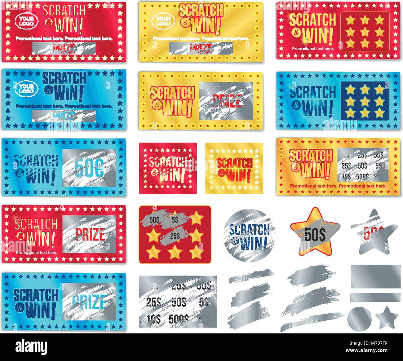 Ticket collection scratch and win. With effect from scratch marks. Vector. Stock Vector
