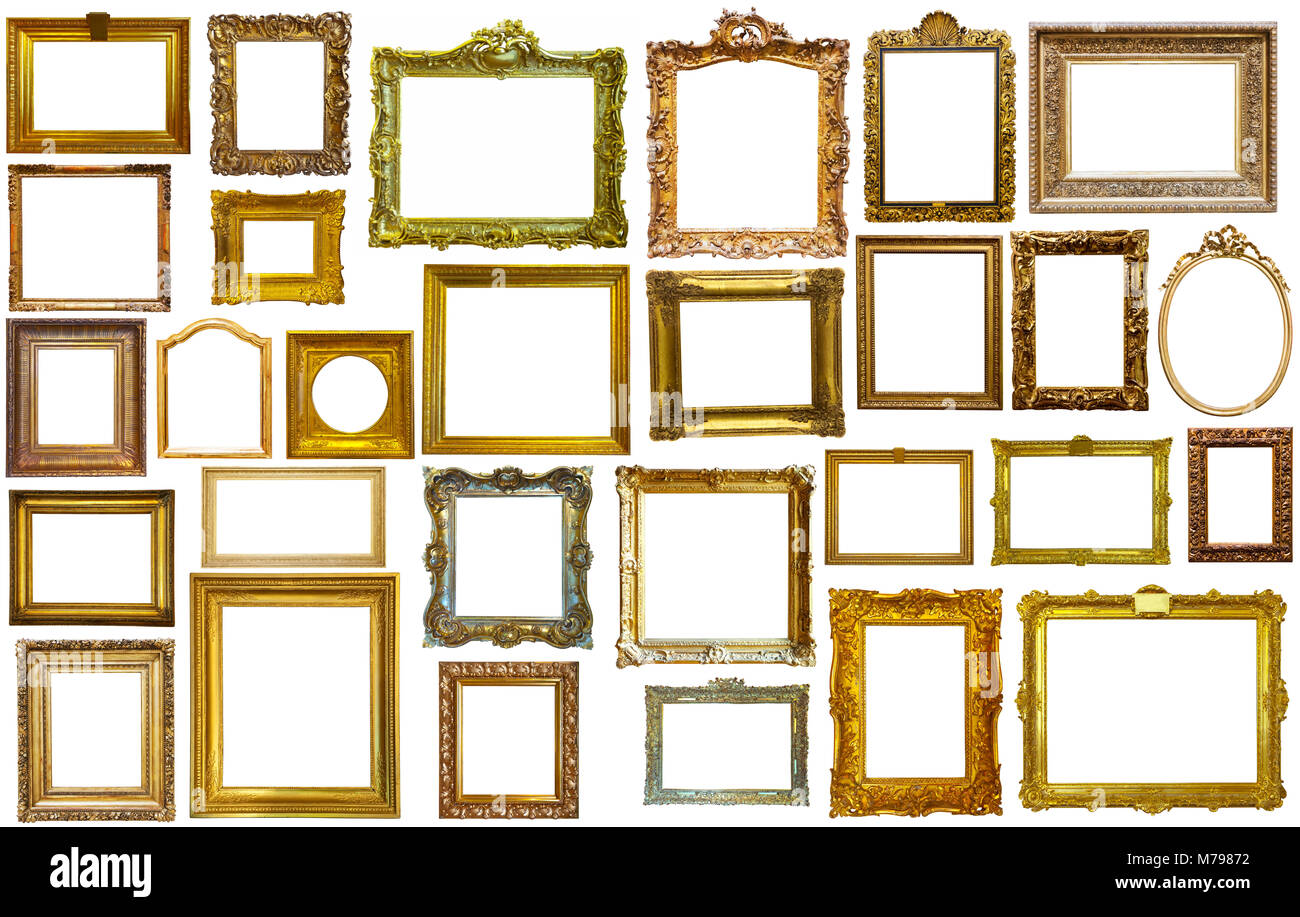 collection of isolated old fashioned empty art frames in different