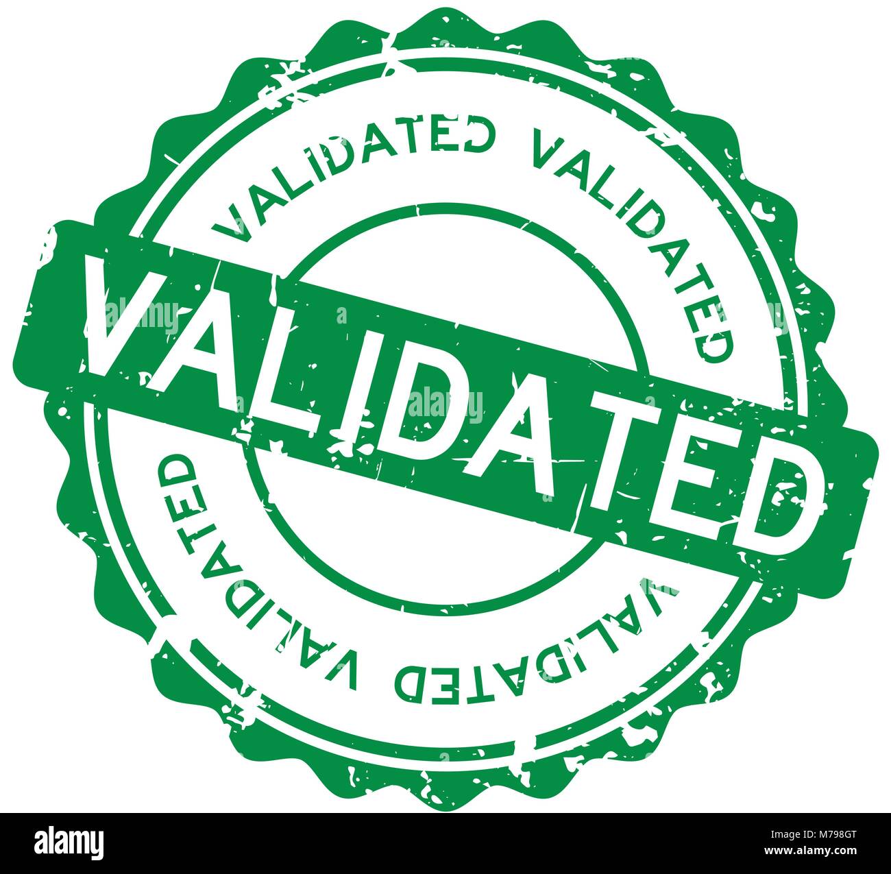 Grunge green validated wording round rubber seal stamp on white