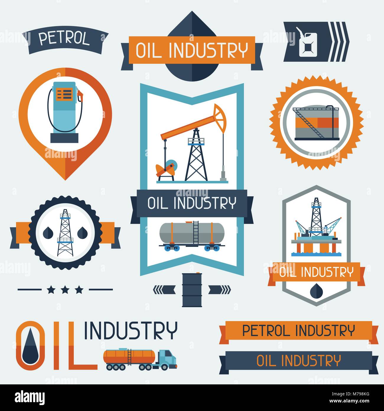 Industrial badges labels with oil and petrol icons. Stock Vector