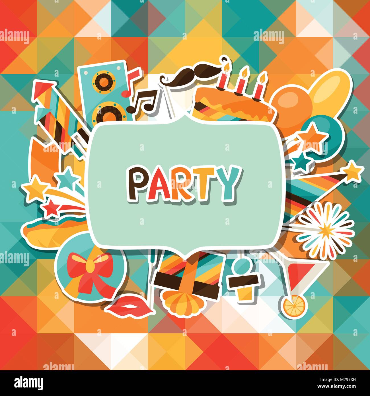 Celebration background with party sticker icons and objects. Stock Vector