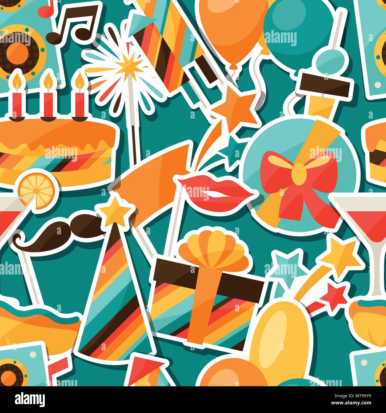 Celebration seamless pattern with party sticker icons and objects Stock ...