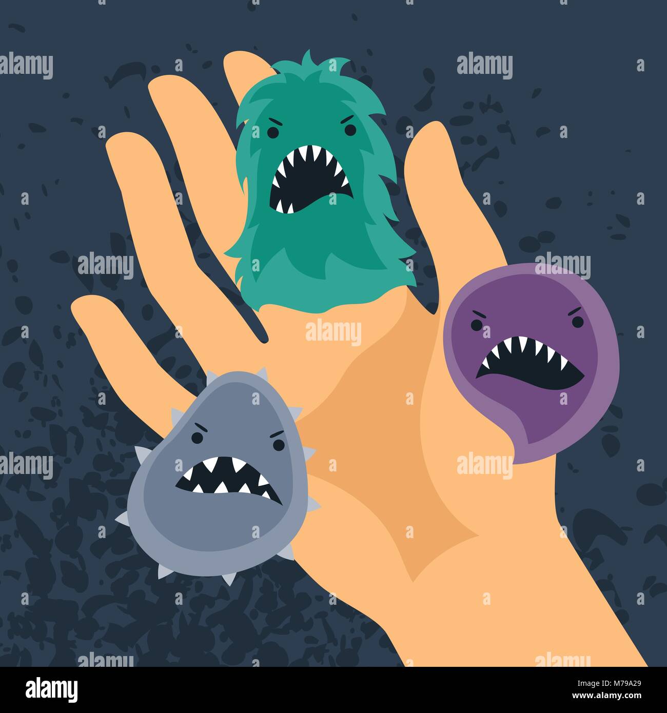 Background with little angry viruses and hand. Stock Vector