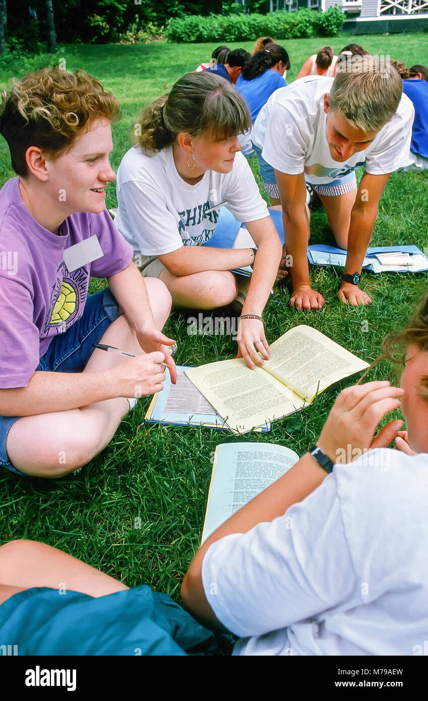 A teenage boy and three girl counselors have a group meeting at a summer camp in Vermont, United States, North America. Stock Photo