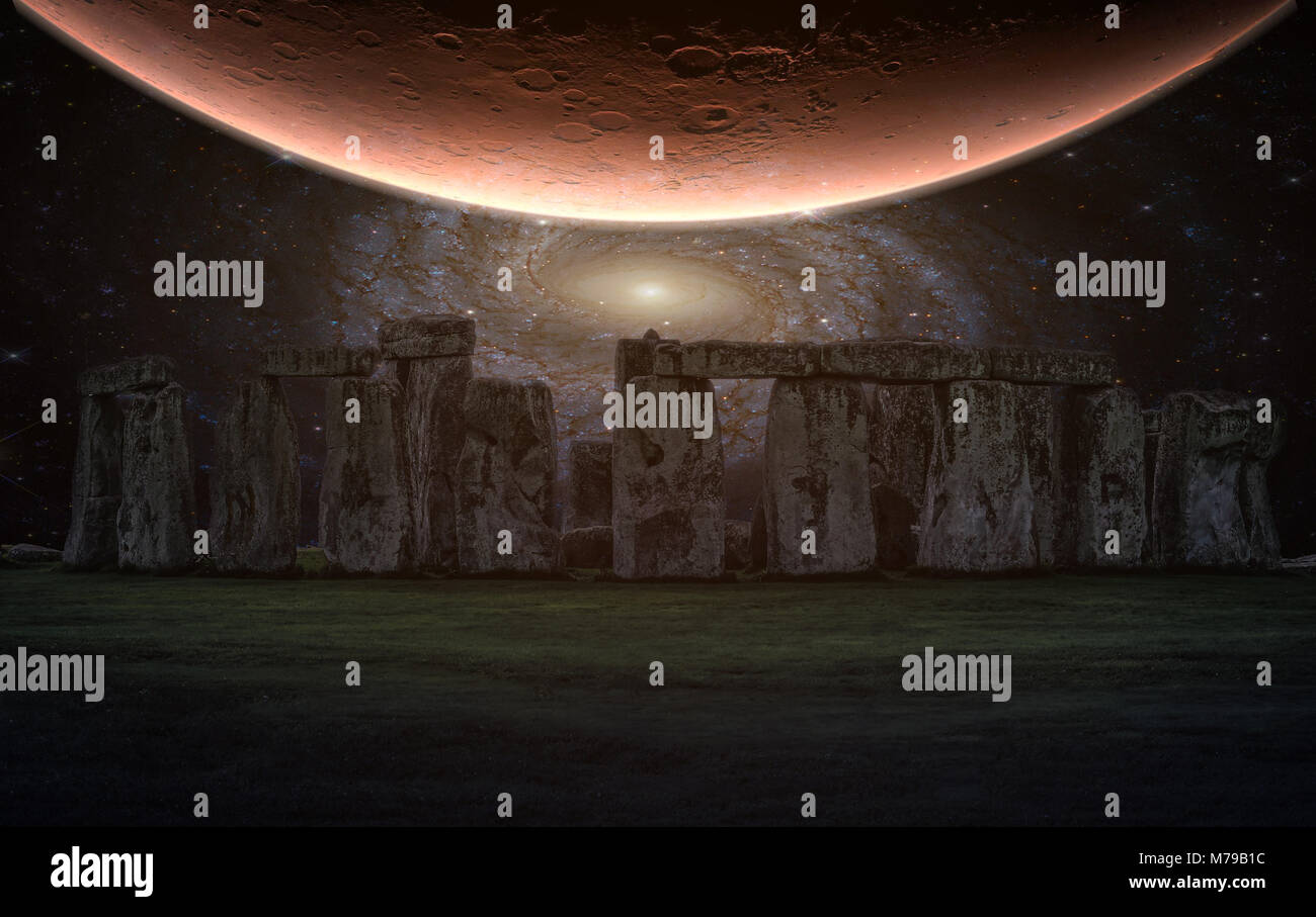 Stonehenge an ancient prehistoric stone monument with night sky and Planet, Wiltshire, UK. (Elements of this image furnished by NASA) Stock Photo