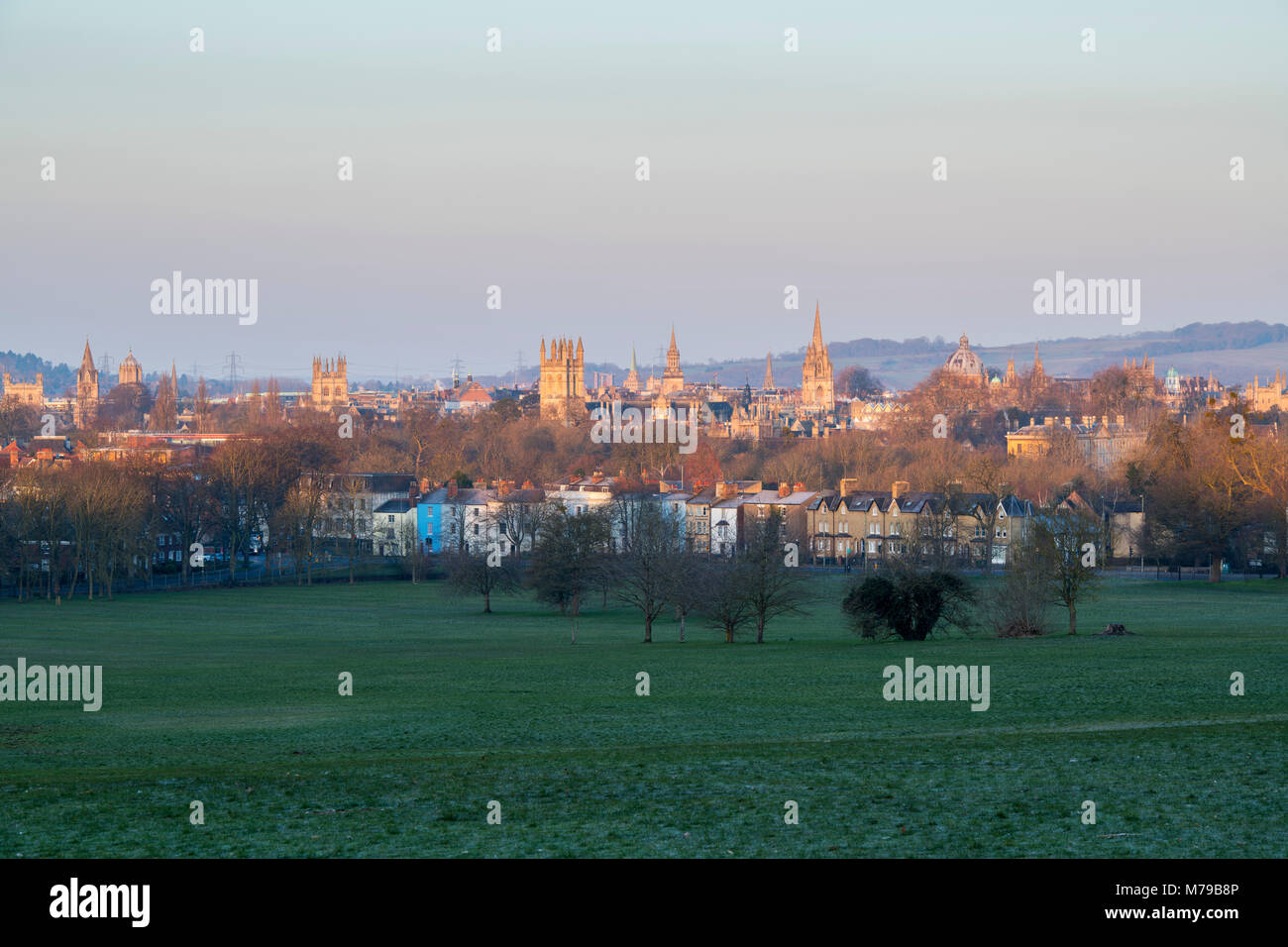 Oxford city centre from south park in the early morning in winter. Oxford, Oxfordshire, England Stock Photo