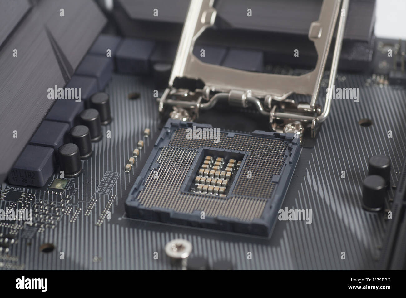 Intel LGA 1151 cpu socket on motherboard Computer PC close up