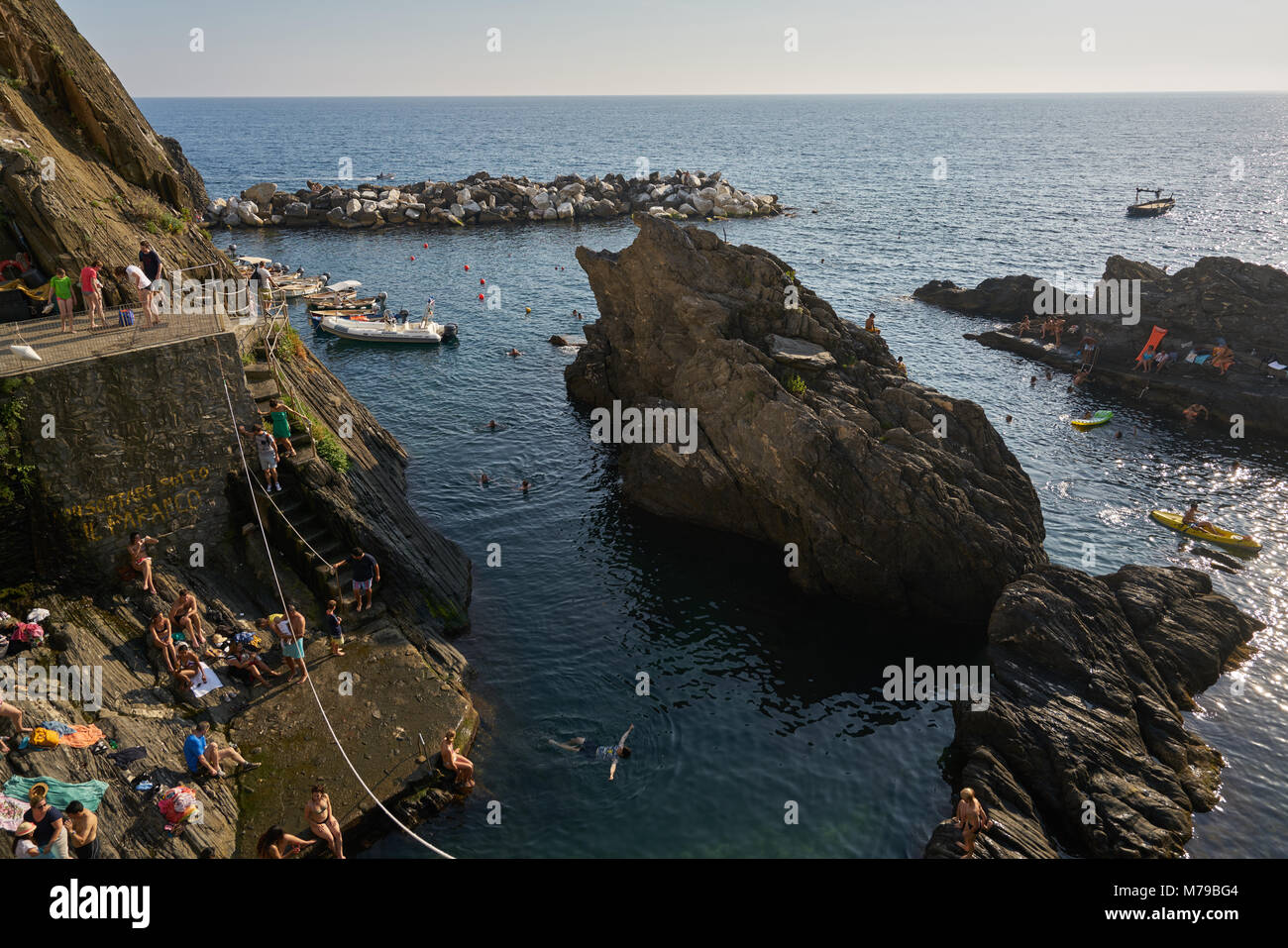 Manarola, Italy - July 7, 2016: Manarola Beach in Cinque Terre, Italy Stock Photo