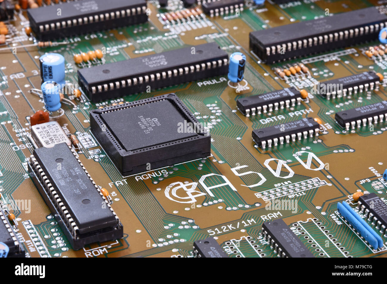 Close up of the motherboard of an Amiga 500 home computer Stock Photo