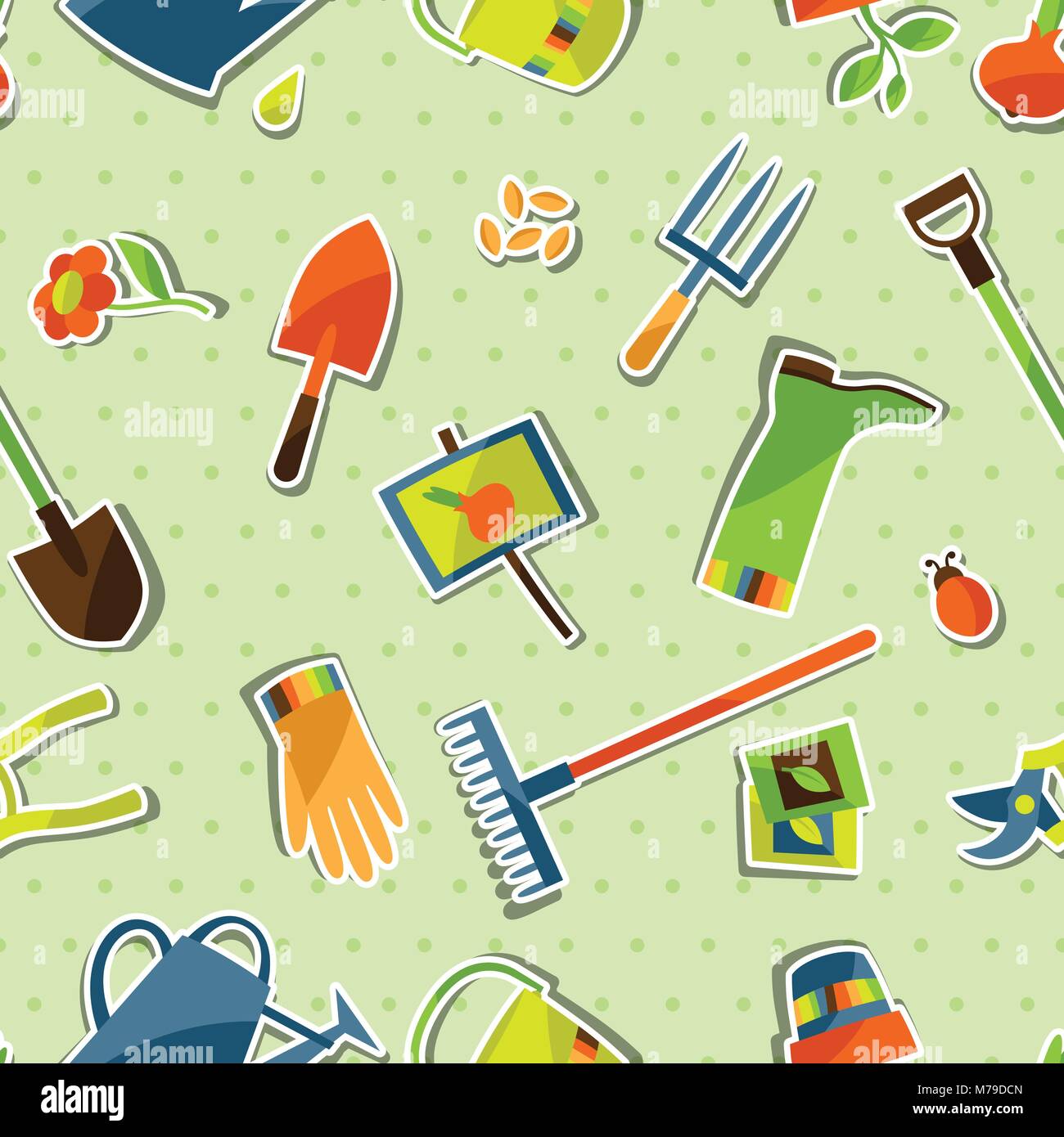 Seamless pattern with garden sticker design elements and icons Stock ...
