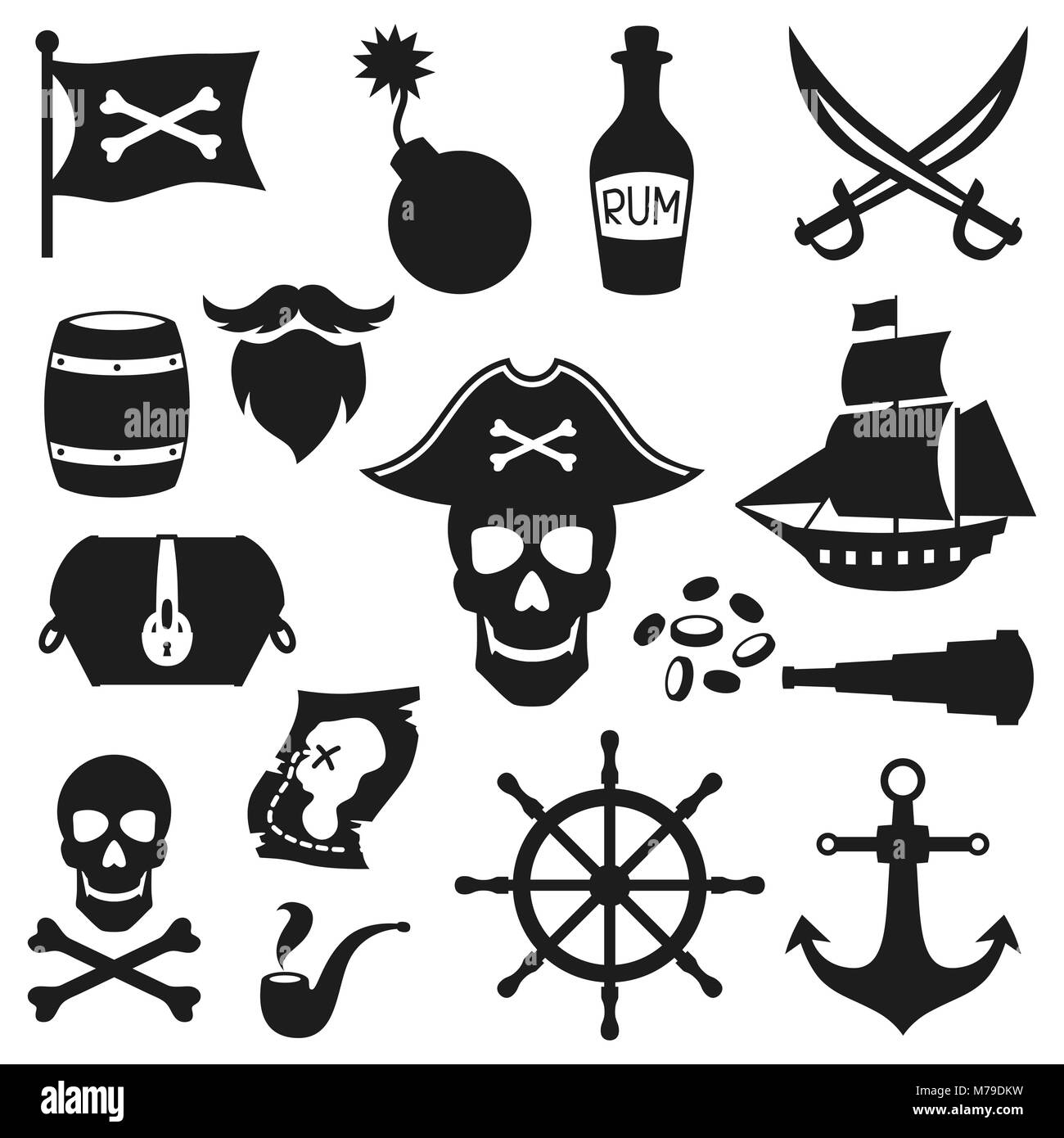 Set of objects and elements on pirate theme Stock Vector