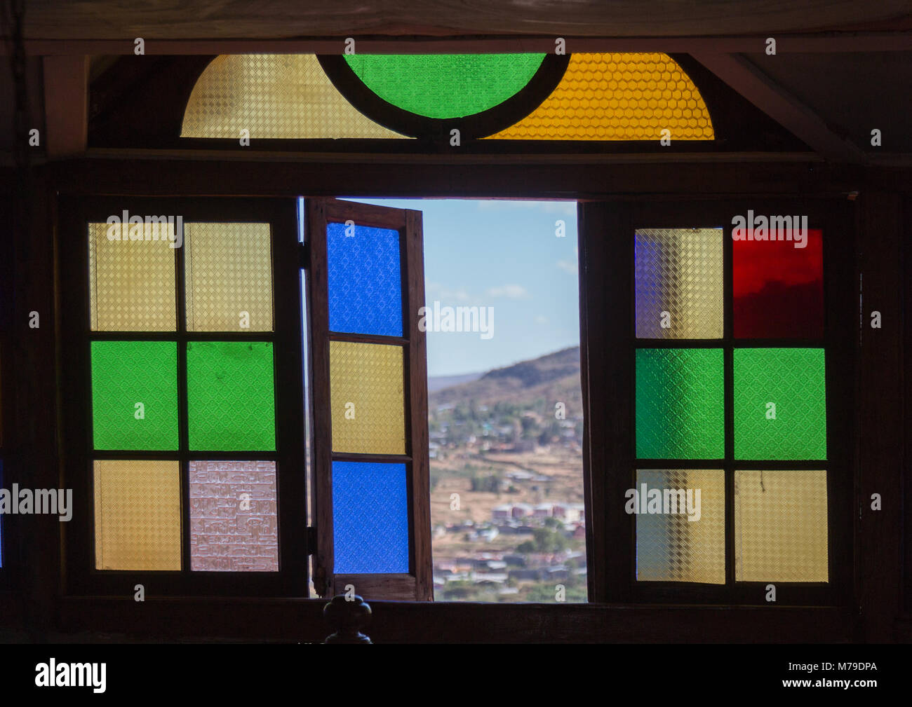 Multi coloured stained glass windows in rimbaud house, Harari region ...