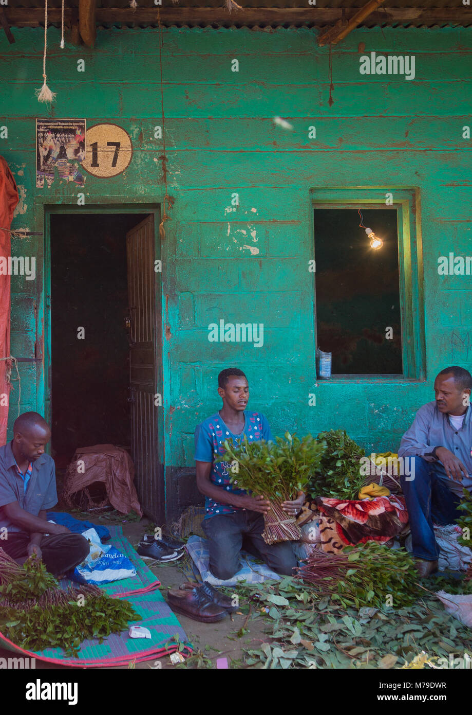 Khat sellers in awaday khat market near harar, The khat capital of the world, Harari region, Awaday, Ethiopia Stock Photo