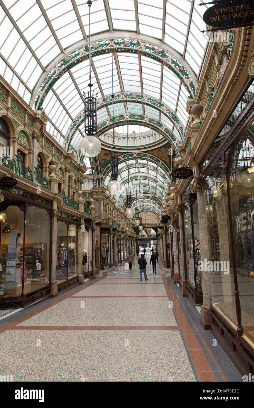 The County Arcade shopping gallery in Leeds, UK. The restored Victorian ...