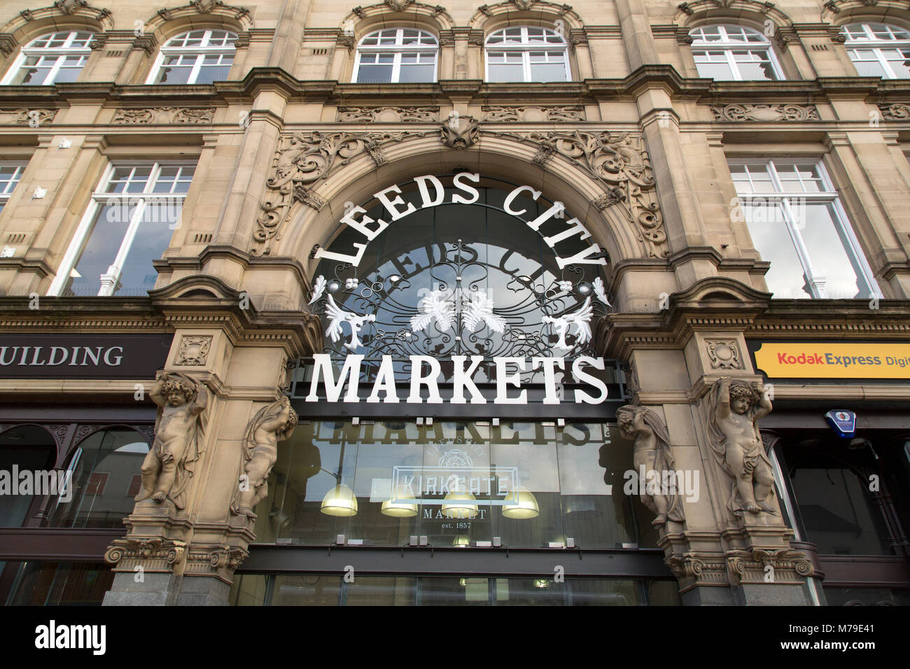 Facade of Kirkgate Market in Leeds, UK. The indoor market is part of