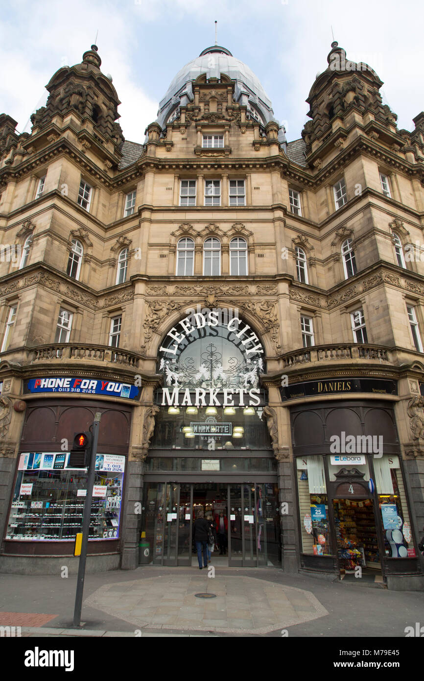 Facade of Kirkgate Market in Leeds, UK. The indoor market is part of Leeds City Markets Stock