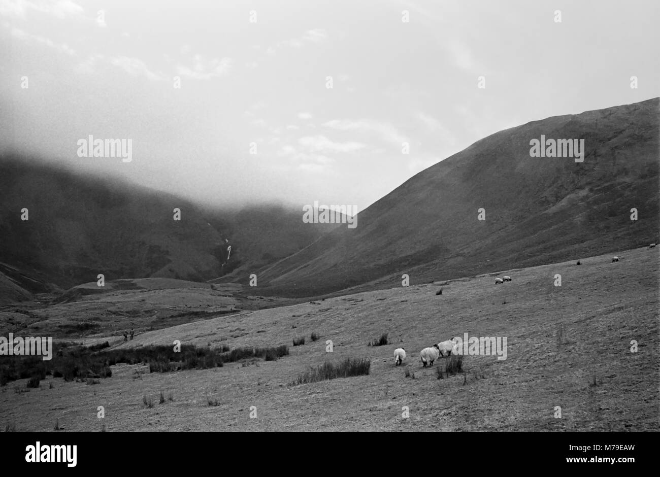 Low cloud on Howgill Fells and Cautley Spout, Yorkshire Dales, England.  Black and white film photograph Stock Photo