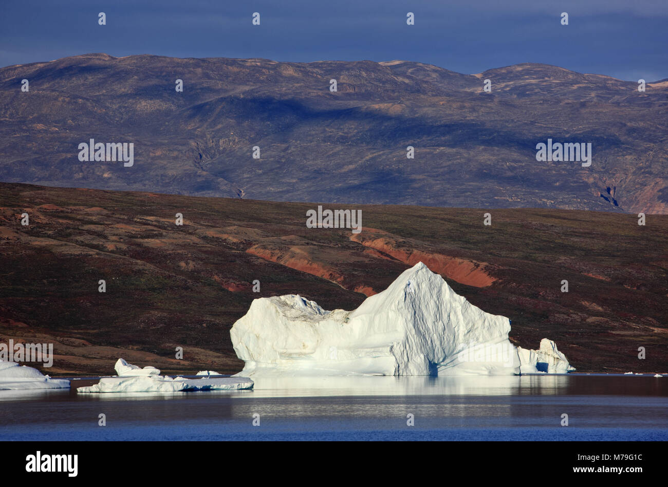Greenland, East Greenland, Scoresbysund, icebergs, coastal scenery, mountain landscape, Stock Photo