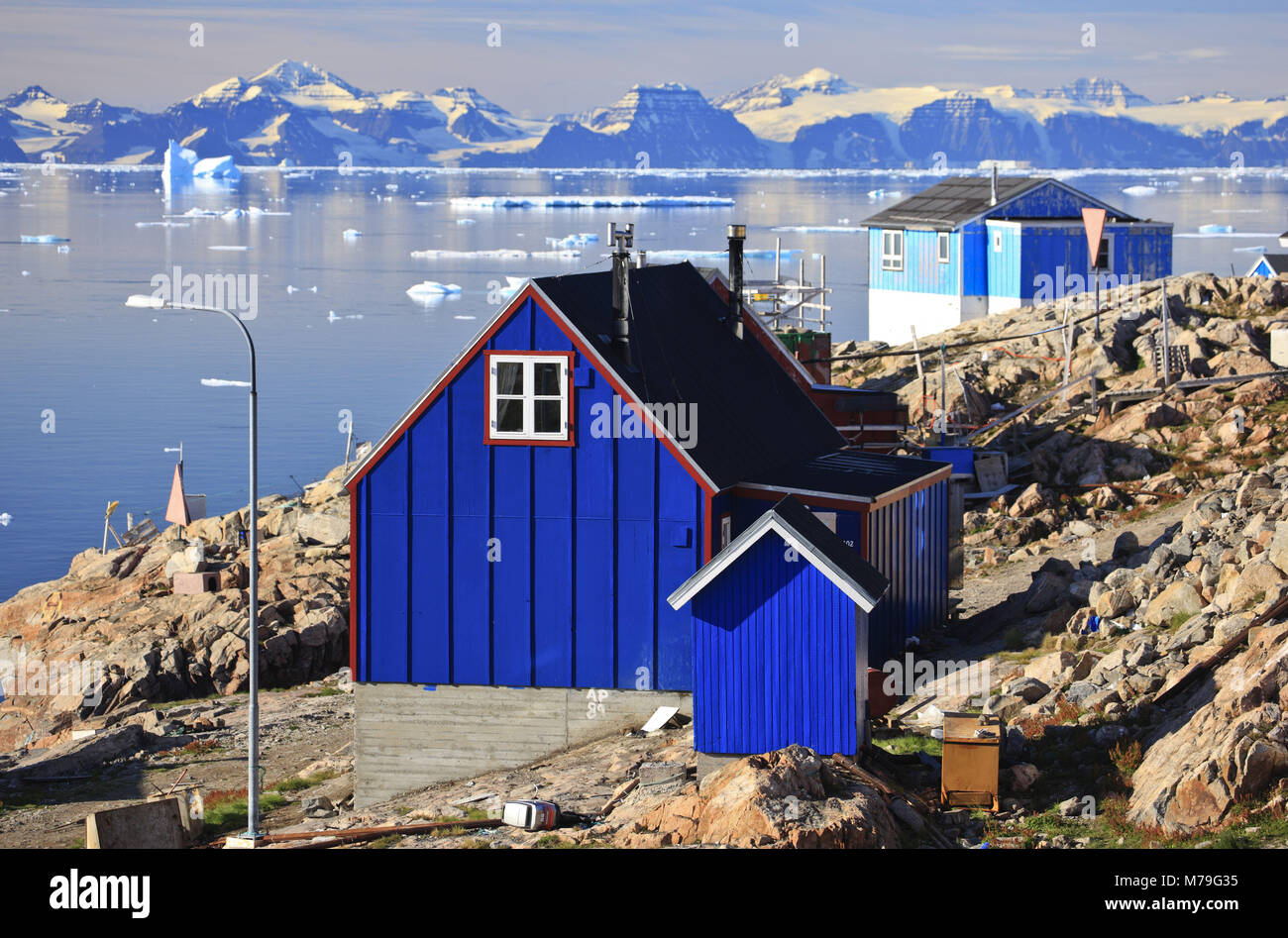 Greenland, East Greenland, Scoresbysund, Ittoqqorttoomiit, timber houses, coastal scenery, mountain landscape, Stock Photo